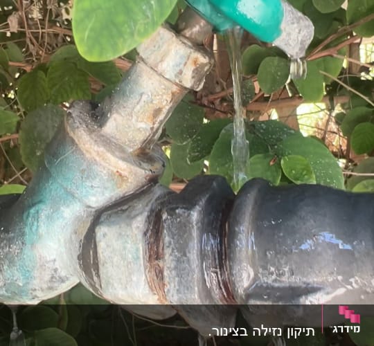 ברז דולף עם מים זורמים על רקע עלים ירוקים